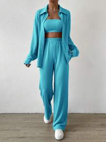 SHEIN EZwear Solid Crop Tube Top & Drop Shoulder Shirt & Pants For Dailywear