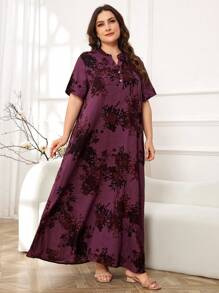 Al Najma Vestido floral con cuello en pico, vestido holgado de manga corta tipo maxi jalabiya casual como ropa de estar en casa