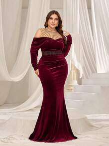Faeriesty Curve Plus-Size Formal Evening Gown With Stand-Up Collar, Long Sleeves, And Mermaid Silhouette – Elegant Sequined Detailing For Black-Tie Galas, Wedding Receptions, Charity Dinners, Award Ceremonies, And Opera Nights - Burgundy - View 1