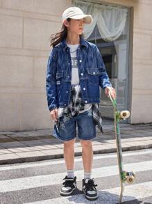 Adolescenți băieți mediu spălat albastru elegant mozaic simplu jachetă de jeans