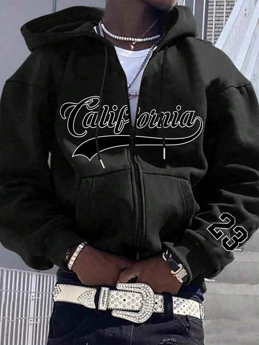 Manfinity Homme Áo hoodie lót nhiệt in hình cánh chim rộng rãi cho nam khi trở lại trường có khóa kéo và dây rút, không bao gồm áo phông, chữ cái, tay dài, áo hoodie có khóa kéo, đi chơi - màu đen - Xem 1