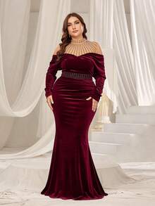 Faeriesty Curve Plus-Size Formal Evening Gown With Stand-Up Collar, Long Sleeves, And Mermaid Silhouette – Elegant Sequined Detailing For Black-Tie Galas, Wedding Receptions, Charity Dinners, Award Ceremonies, And Opera Nights - Burgundy - View 4