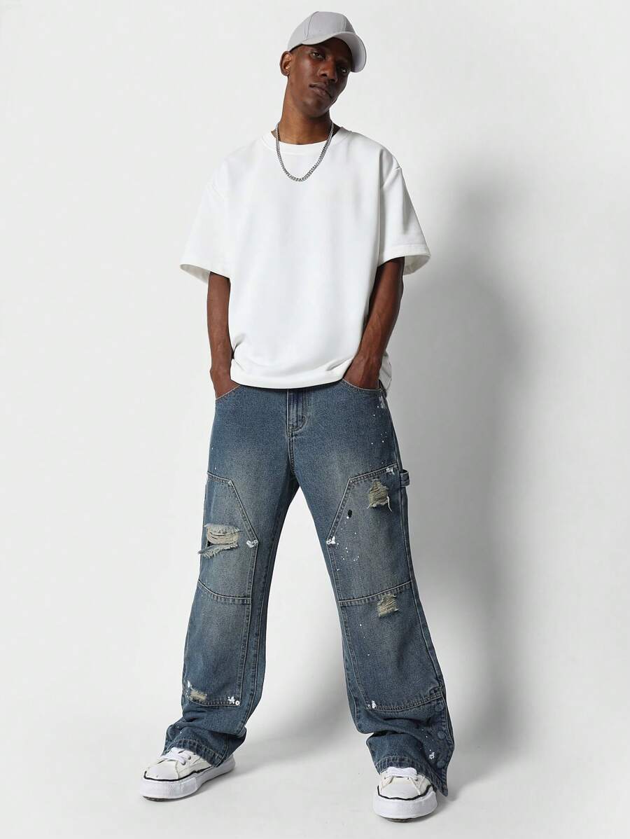 SUMWON Loose Fit Carpenter Ripped Jean With Side Snap - Blue - View 1