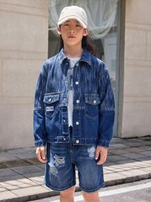 Adolescenți băieți mediu spălat albastru elegant mozaic simplu jachetă de jeans