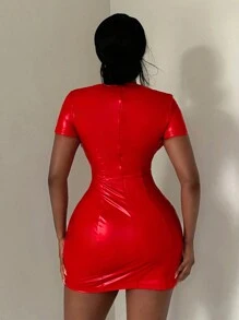 SHEIN SXY 短袖公主領高彈性PU裙 - 紅色 - 查看 2