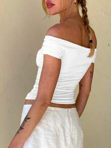 Mystra Women's Fashion V-Neck Off Shoulder Pleated Fitted Blouse - White - View 4