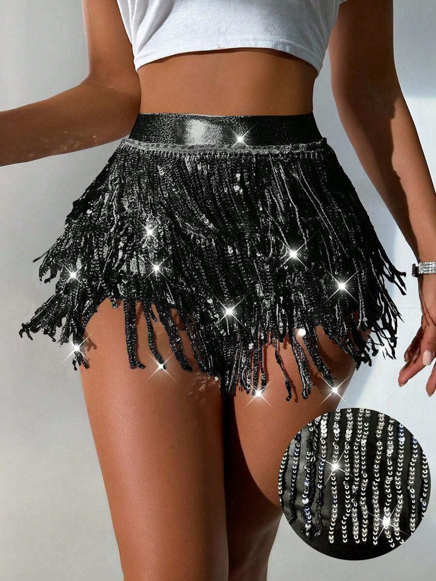 VaVaBold Women's Simple Daily Shorts With Sequin Decoration For Holiday Party Clothes - Black - View 1
