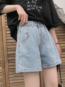 Solid Wide Leg Denim Shorts - Light Wash - View 2