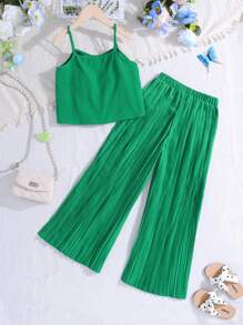 適合青少女的運動休閒春夏套裝：編織純色背心上衣配高壓折疊長褲 - 綠色 - 查看 2