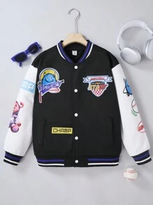 SHEIN Black & White Spliced Baseball Jacket, Cute Cartoon Printed, Suitable For Tween Boys, Spring/Autumn/Padded Coat, Matches Well With T-Shirts And Sweatshirts - Black and White - View 1