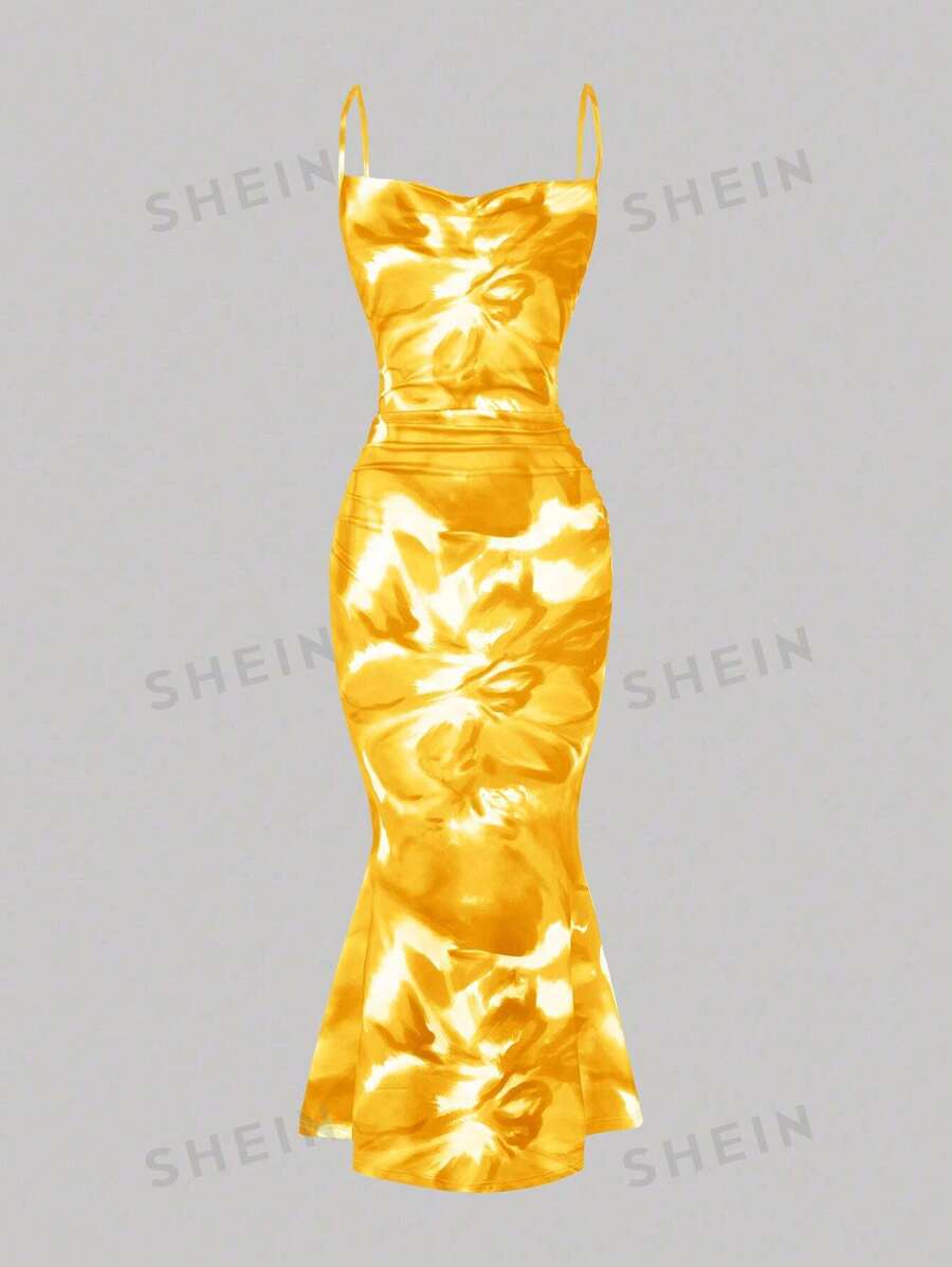 SHEIN Clasi Vestido largo de vacaciones para mujer con estampado floral, cintura plisada y dobladillo en cola de sirena, elegante diseño de tirantes