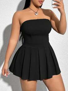 SHEIN EZwear Plus尺寸純色褶邊筒裙 - 黑色 - 查看 4