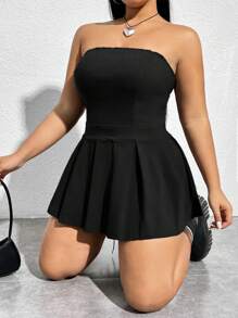 SHEIN EZwear Plus尺寸純色褶邊筒裙 - 黑色 - 查看 1