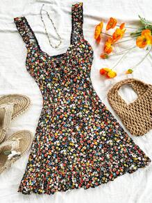 Soleia 女士度假休闲夏季浪漫复活节碎花迷你连衣裙，黑色底色搭配彩色碎花，荷叶袖，收腰设计，荷叶边下摆，可爱午餐休闲度假装扮，碎花连衣裙适合派对、夏季，甜美复古风 - 彩色 - 查看 1