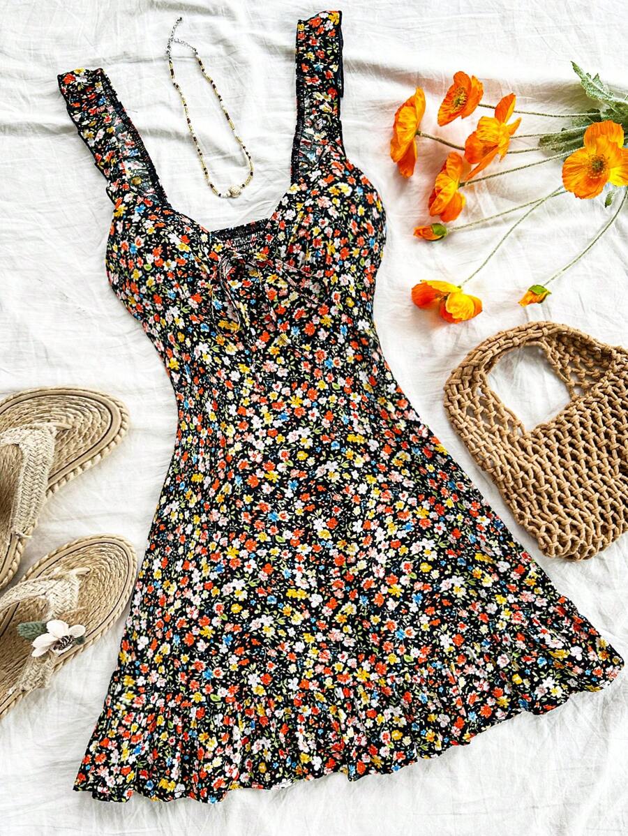 Soleia 女士度假休闲夏季浪漫复活节碎花迷你连衣裙，黑色底色搭配彩色碎花，荷叶袖，收腰设计，荷叶边下摆，可爱午餐休闲度假装扮，碎花连衣裙适合派对、夏季，甜美复古风 - 彩色 - 查看 1