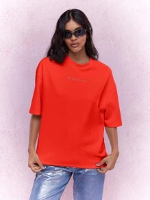 MISSGUIDED Printed Logo Oversized T Shirt - Red - View 1