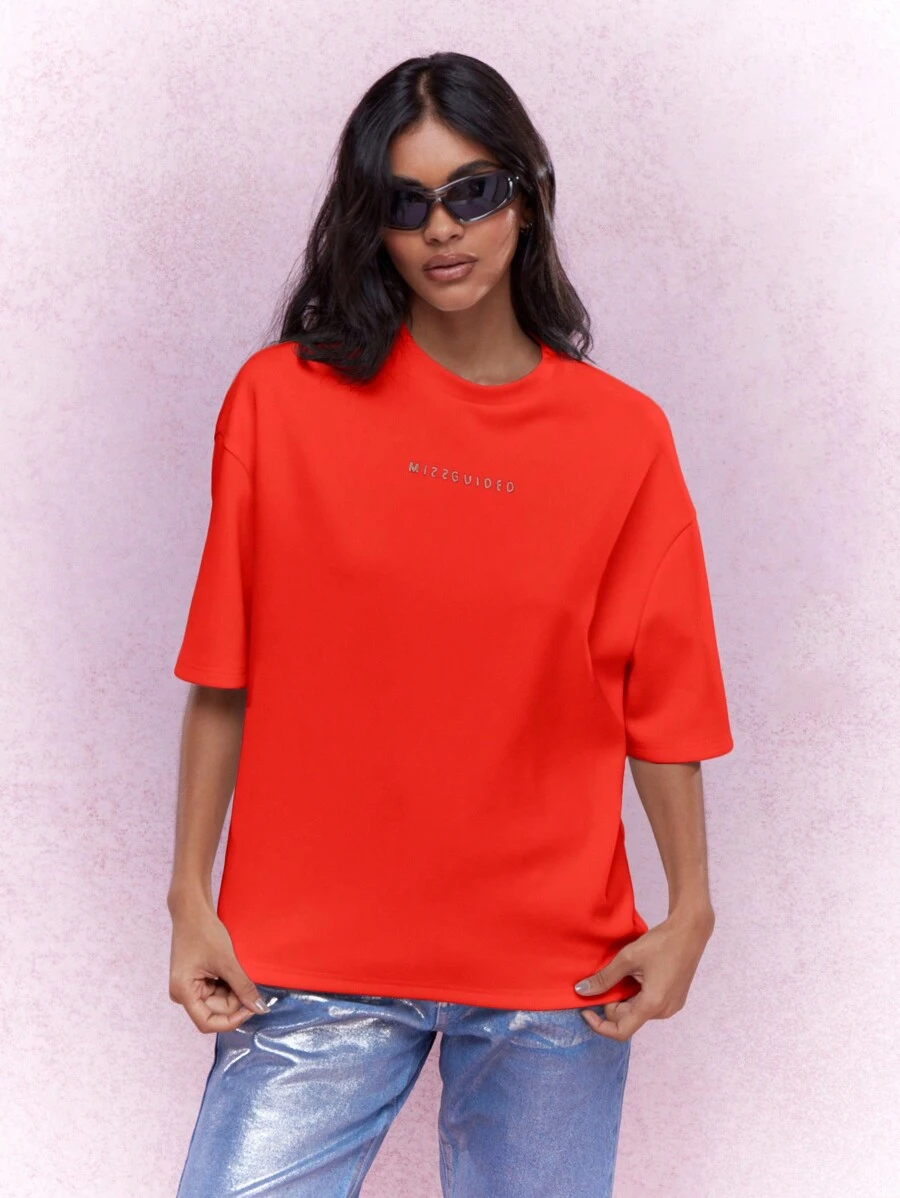 MISSGUIDED Printed Logo Oversized T Shirt - Red - View 1