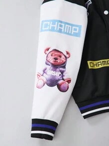 SHEIN Black & White Spliced Baseball Jacket, Cute Cartoon Printed, Suitable For Tween Boys, Spring/Autumn/Padded Coat, Matches Well With T-Shirts And Sweatshirts - Black and White - View 4