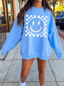 INAWLY Sudadera de hombros caídos con estampado de cara de dibujos animados, blusas sueltas de manga larga con cuello redondo, casuales para primavera/otoño para mujeres, pulóveres azules de hombros caídos, blusas de manga larga
