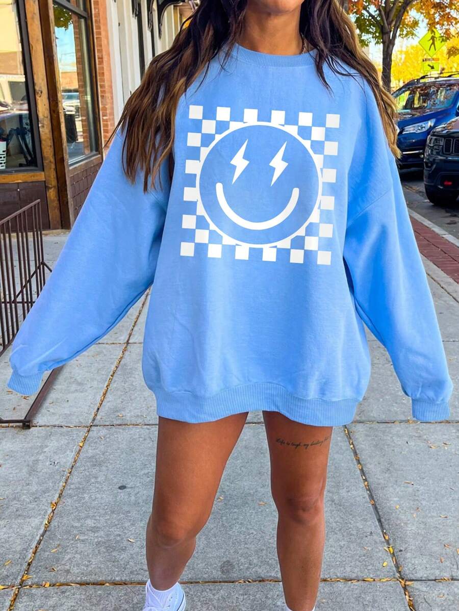 INAWLY Sudadera de hombros caídos con estampado de cara de dibujos animados, blusas sueltas de manga larga con cuello redondo, casuales para primavera/otoño para mujeres, pulóveres azules de hombros caídos, blusas de manga larga