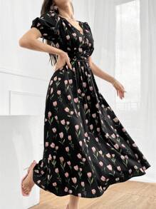 Modelyn 花卉郁金香印花泡泡袖褶皱腰优雅连衣裙，非常适合海滩/休闲/度假/晚会或任何其他正式场合 - 黑色 - 查看 4