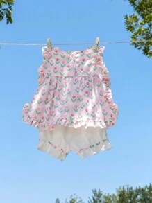 Conjunto para bebé niña con estampado floral con ribete de volantes en la parte superior y shorts - Rosa - Ver 2
