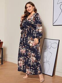 Lacomfia Plus Lantern Sleeve Belted Botanical Print Dress