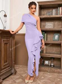 Diagonal Shoulder Sexy Off-The-Shoulder Pleated Slit Ruffled Skirt Dress Elegant Cocktail Semi Formal Wedding Guest Dress, For Birthday, Graduation, Dinner, Homecoming