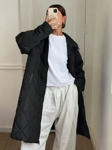 DAZY 侧拉链口袋长款连帽女式羽绒服，日常休闲，冬季女装，女士羽绒服 - 黑色 - 查看 3