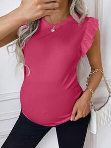 SHEIN 夏季實心孕婦荷葉邊修身T恤 - 玫紅色 - 查看 4