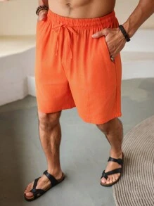 Manfinity Homme Men's Solid Color Drawstring Waist Casual Orange Shorts - Orange - View 3