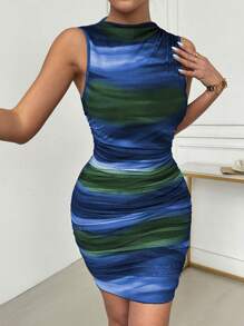SHEIN Unity Vestido plisado con malla impresa tie-dye - Azul - Ver 6