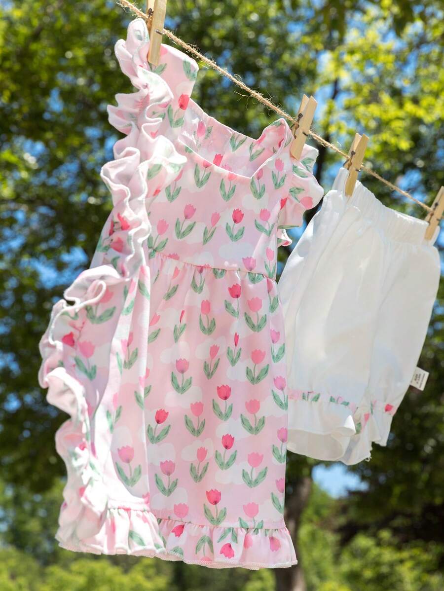 Conjunto para bebé niña con estampado floral con ribete de volantes en la parte superior y shorts - Rosa - Ver 1