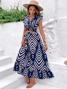 SHEIN Clasi Women's Off-Shoulder Top With Ruffled Trim And Skirt Set - Multicolor - View 4