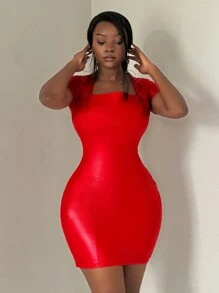 SHEIN SXY 短袖公主領高彈性PU裙 - 紅色 - 查看 5