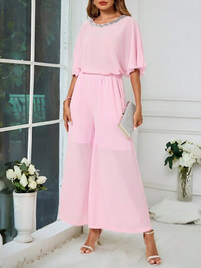 SHEIN Clasi Mujer Cómodo Monos con cuello redondo y lentejuelas con pantalones de pierna ancha, conjunto de 2 piezas