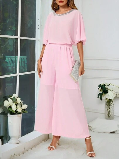 SHEIN Clasi Women's Comfortable Round Neck Glitter Jumpsuit With Wide Leg Pants, 2pcs/Set