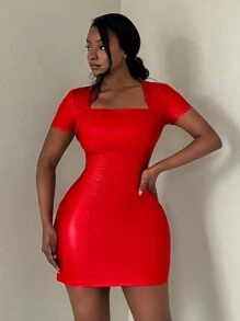 SHEIN SXY 短袖公主領高彈性PU裙 - 紅色 - 查看 7