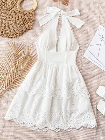 Soleia Vestido casual de mujer para vacaciones/verano "Ojalá estuvieras aquí", adecuado para bodas, graduaciones, fiestas de Pascua, almuerzos casuales, ropa de resort, con encaje y patchwork floral, escote en V elástico, mini vestido, color blanco