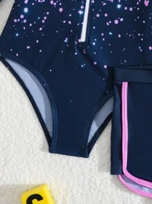 年轻女孩闪光印花前拉链长袖休闲泳衣，海滩度假 - 藏蓝色 - 查看 5