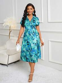 SHEIN Lady Blue And Green Printed Wrap Style Lady Dress For Work Or Party Women Vintage Clothes Teacher Dress - Multicolor - View 7