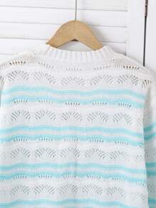 Teenagers' Hollow Out Long Sleeve Cardigan Sweater With Front Button And Colorful Wave Pattern - Blue and White - View 8
