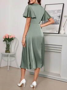 SHEIN Clasi Women's Flutter Sleeve Satin Party Halloween Clothes Prom Dress Fall Women Clothes Wedding Women Dresses Back To School Concert Women Outfit With Cinched Waist - Green - View 8