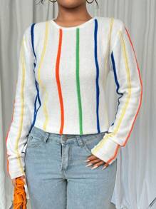 SHEIN LUNE Women's Colorful Striped Round Neck Long Sleeve Sweater, Knit Pullover Fall Winter - Multicolor - View 4