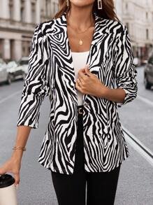 SHEIN Clasi Blazers largos con estampado de cebra elegante y moderno para mujer con mangas largas - Blanco y Negro - Ver 6