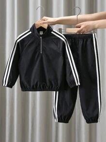 2pcs Tween Boys' Casual Sports Raglan Sleeve Jacket With Collar & Drawstring Waist Pants Set - Black - View 4