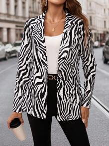 SHEIN Clasi Blazers largos con estampado de cebra elegante y moderno para mujer con mangas largas - Blanco y Negro - Ver 5
