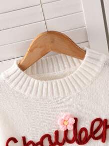 Tween Girl Fashionable Casual Sweater, Knitted, Hand-Embroided With Letter, Flower, Soft, Warm, Elegant, Suitable For Daily Wear, Traveling, Parties, Fall/Winter Season - White - View 3