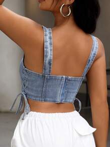 SHEIN SXY Women's Summer Casual Washed Denim Crop Top With Side Cross Tie - Blue - View 2
