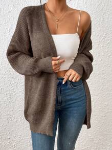 EMERY ROSE Solid Color Long Sleeve Cardigan, Casual Wear - Chocolate Brown - View 1